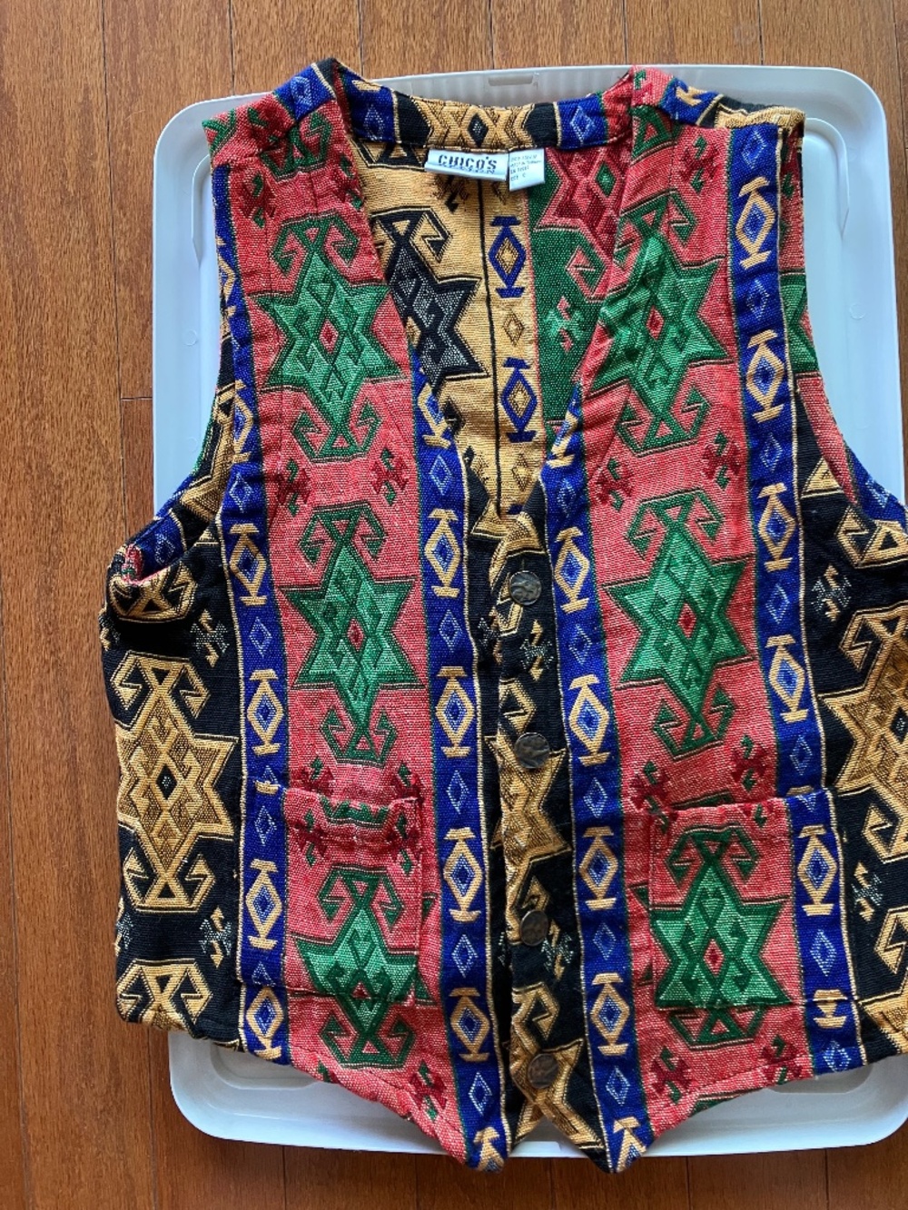 Vintage Boho Chico’s Design Southwest Geometric Tapestry Vest Size 1